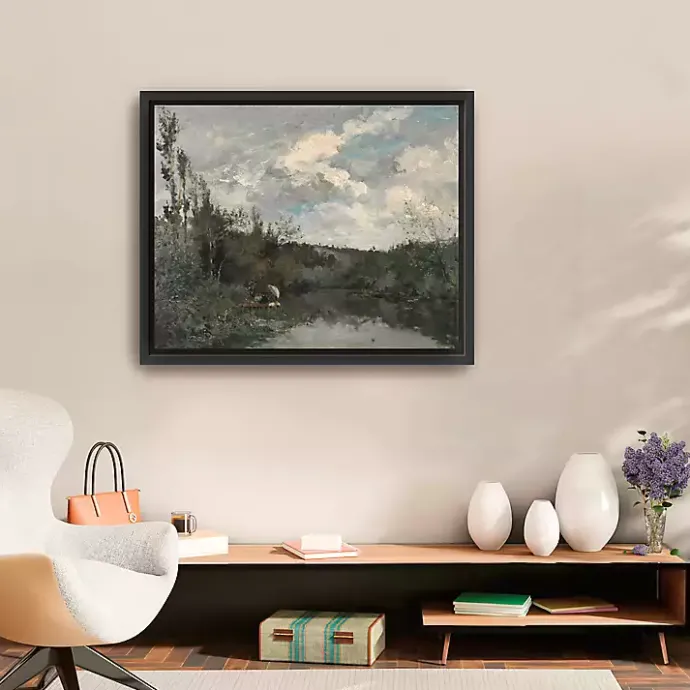 New Kirklands Home Woodland Lake Framed Canvas Art Print Gray