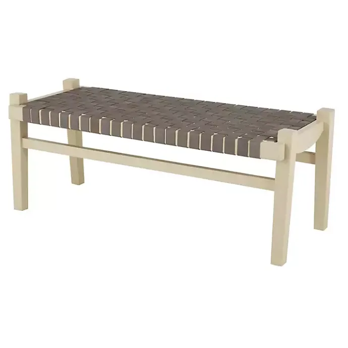 New Kirklands Home Woven Leather Natural Wood Bench Brown