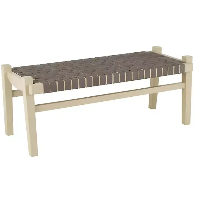 New Kirklands Home Woven Leather Natural Wood Bench Brown