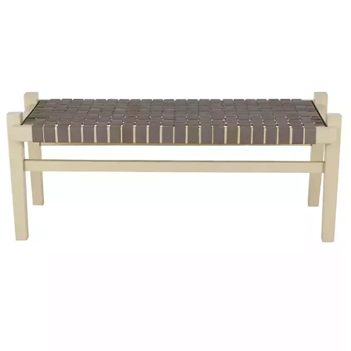 New Kirklands Home Woven Leather Natural Wood Bench Brown