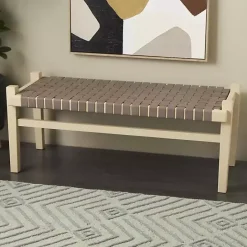 New Kirklands Home Woven Leather Natural Wood Bench Brown
