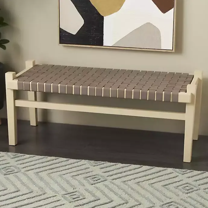 New Kirklands Home Woven Leather Natural Wood Bench Brown