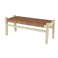 Outlet Kirklands Home Woven Camel Leather Natural Wood Bench Brown