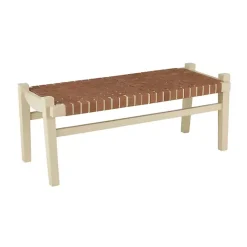 Outlet Kirklands Home Woven Camel Leather Natural Wood Bench Brown
