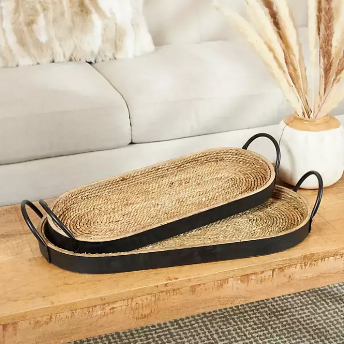Online Kirklands Home Woven Jute and Black Wood Trays, Set of 2