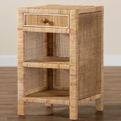 Outlet Kirklands Home Woven Rat and Mahogany Wood Nightsd Tan