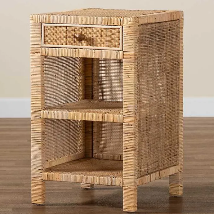 Outlet Kirklands Home Woven Rat and Mahogany Wood Nightsd Tan