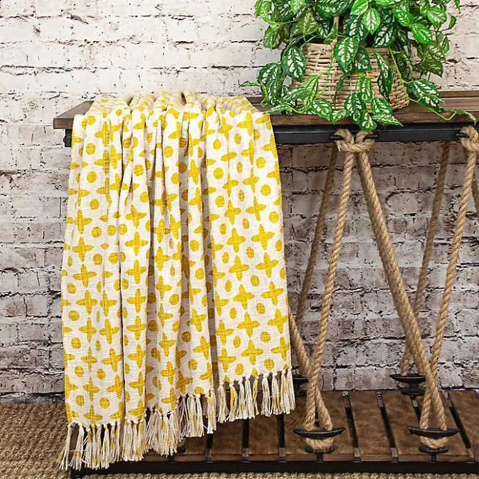 Outlet Kirklands Home and Beige Patterned Fringe Throw Yellow